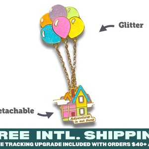 Detachable Pin : Adventure is out there | Fantasy Quote Lapel Pins shiny glitter gold pin reflection balloon chain cloud pastel