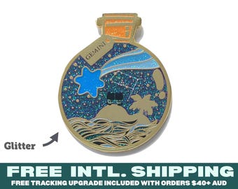 Gemini Zodiac Wish Bottle Enamel Pin with Gold Plating and Glitter
