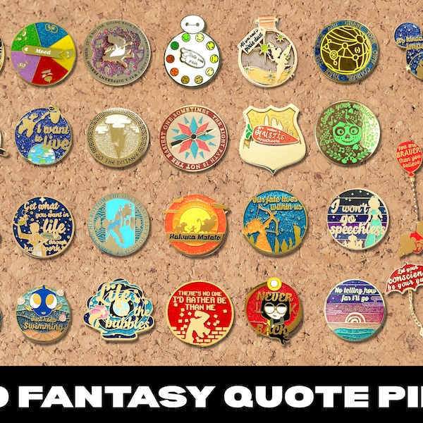 FANTASY QUOTE PINS :  Quote Enamel Lapel Pins shiny glitter gold pin animation silhouette magic enchant couple inspire inspiration glow dark
