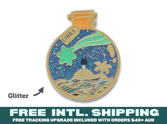 Libra Zodiac Wish Bottle Enamel Pin with Gold Plating and Glitter