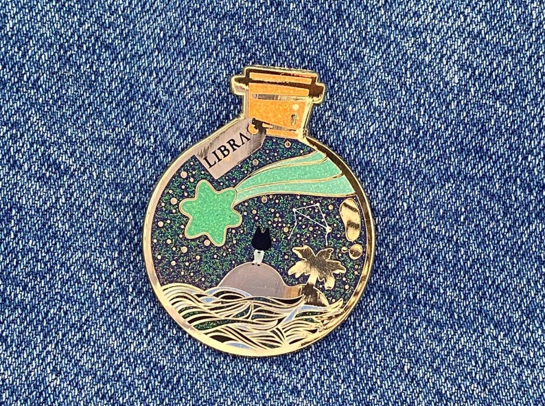 Libra Zodiac Wish Bottle Enamel Pin with Gold Plating and Glitter image 3