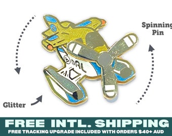 Watervliegtuigpin + spinnend propellor | Animal Glitter Emaille Spinner Badge Revers Airline