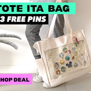 ITA TOTE BAG + 3 free pins + free Pin pad : name the pins you want at the personalisation or checkout notes (window clear enamel canvas)