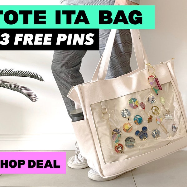 ITA TOTE BAG + 3 free pins + free Pin pad : name the pins you want at the personalisation or checkout notes (window clear enamel canvas)