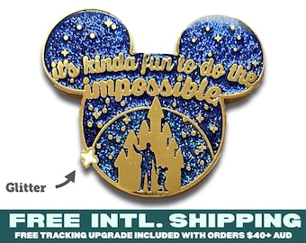 Enamel Pin : Impossible Walt Quote | Fantasy Enamel Lapel Pins shiny glitter gold silhouette castle sparkly ears mouse blue kinda fun to do