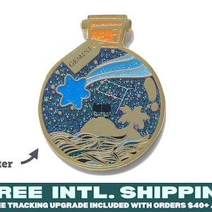 Enamel Pin : Gemini Wish In a Bottle | Astrology Star Sign Glitter Enamel