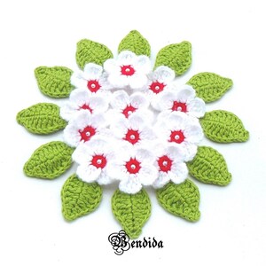 Crochet Flower Appliques: White Cotton Floral Embellishments, Green Leaves (Set of 24)