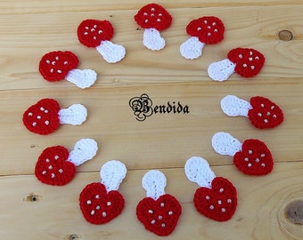 Red Crochet Mushroom Applique Set of 12, Cotton Tiny Sew on Patch, Vegetable Embellishment, Scrap booking, Card making, Mini Forest Motif.