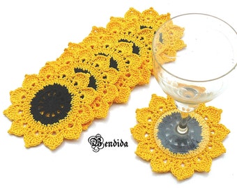 Crochet Sunflower Coasters, Cotton Drink Coasters, Summer Decor