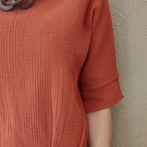 Burnt Orange Muslin Women Blouse , 3/4 Sleeve Gauze Cotton Top, Loose Organic Blouse, Women Muslin T-shirt, Bohemian Summer Blouse