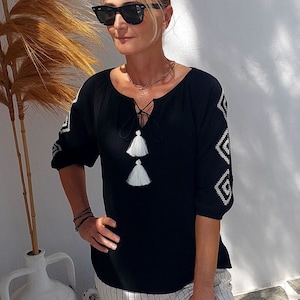Black Muslin Women Blouse With Traditional Design On Arm, Organic Cotton Blouse, Best Gift For Woman, Gauze Cotton Top, Muslin Short Blouse