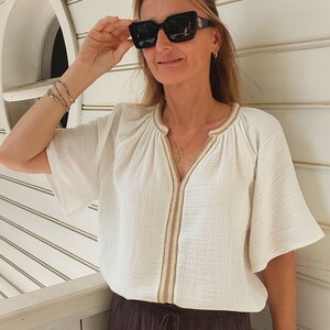 Embroidered White Muslin Women Blouse, Short Sleeve Gauze Cotton Top, Loose Organic Blouse, Women Muslin T-shirt, Bohemian Summer Blouse