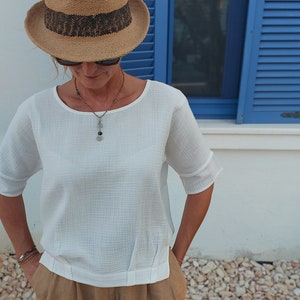 White Muslin Women Blouse , 3/4 Sleeve Gauze Cotton Top, Loose Organic Blouse, Women Muslin T-shirt, Bohemian Summer Blouse image 2