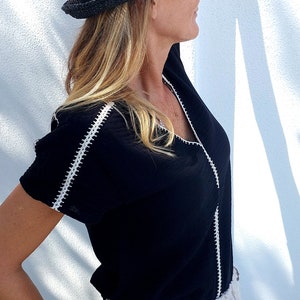 Black Short Sleeve Crochet Blouse, Unique V-Neck Summer Blouse For Women, 100% Organic Cotton Top, Muslin Women Blouse image 2