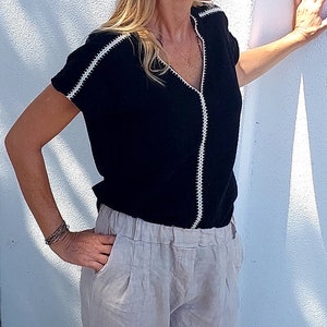 Black Short Sleeve Crochet Blouse, Unique V-Neck Summer Blouse For Women, 100% Organic Cotton Top, Muslin Women Blouse image 1