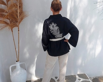 Black Short Linen Kimono With Birthflower Embroidery, Unique