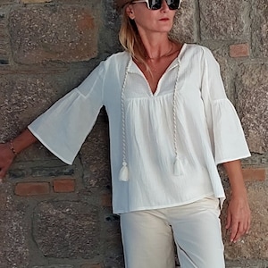 White Muslin Women Blouse , Best Gift For Woman, Gauze Cotton Top, Loose Organic Blouse, Ladies Muslin T-shirt, Natural Clothing