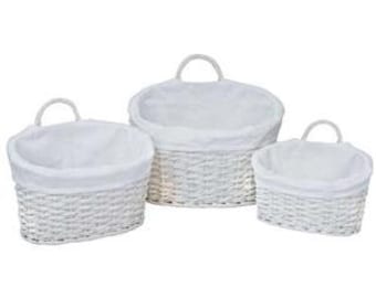 Set of 3 white oval hampers, small, medium & large. Wicker baskets.