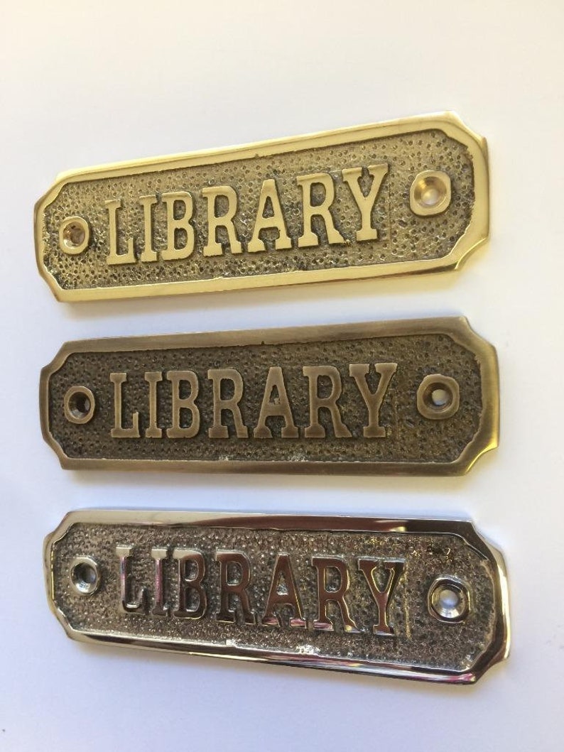 Library door sign made from solid brass with a choice of Etsy