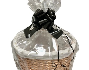 Large oval hamper kit, basket cellophane and pull bow 40 x 28x 27cm pink or grey dot cellophane and bow choose pink, purple, grey, blue.