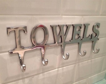 Hand crafted kitchen bathroom towels rack 5 hooks made of polished aluminium silver coloured metal wall mounted screws included