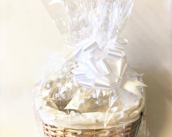 SPECIAL CHRISTMAS OFFER Large basket reduced. Make your own hamper kit, buff oval hamper with white  dot cellophane and a white bow