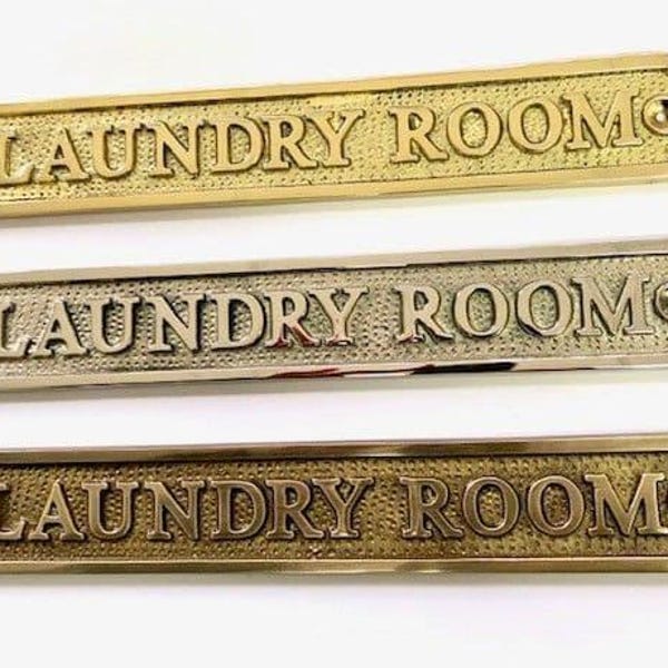 Larger laundry room solid brass door sign with a choice of finishes, silver nickel, antique bronze or polished brass. matching screws.