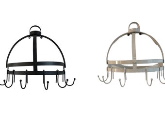 Black or white wrought iron wall mounted pot, pan, or kitchen utensil rack. Rustic vintage style. Inc 6/8 detachable hooks, plugs & screws.