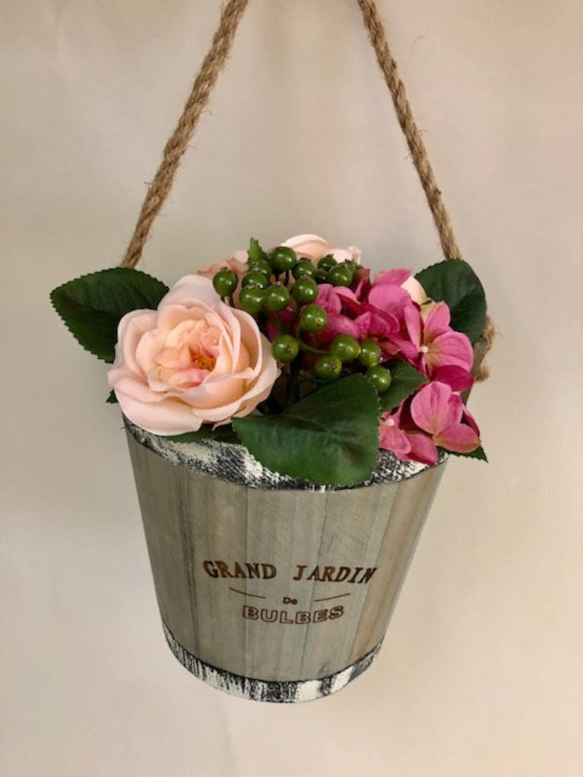 Hanging wooden bucket with artificial flowers choose ivory Etsy