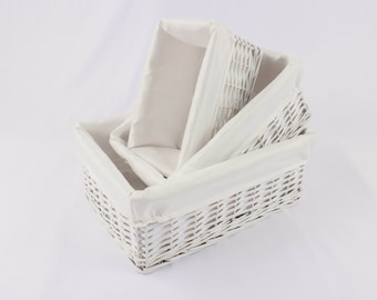 Set of 3 white rectangular hampers, small, medium & large. Wicker baskets.