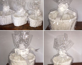 Make your own hamper kit, small, medium or large (choose). Wicker basket with a white finish and lining, dot cellophane and white bow.