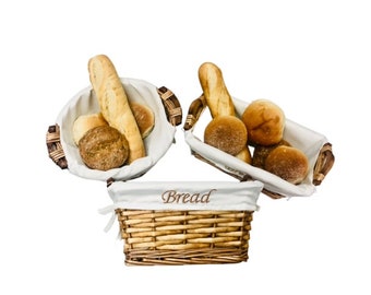 Bread basket choose from round, square or rectangular buff lined wicker basket with wooden handles. Split willow.