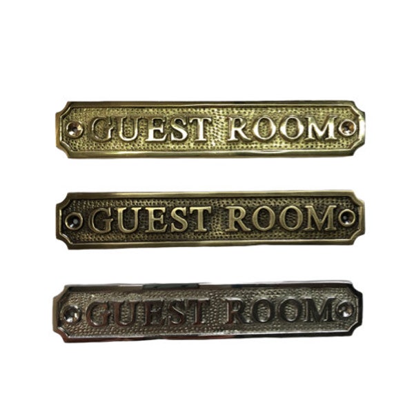 Guest room door sign available in three finishes - nickel, antique bronze or brass. Matching screws are included. 18.6 cm X 3.3 cm.