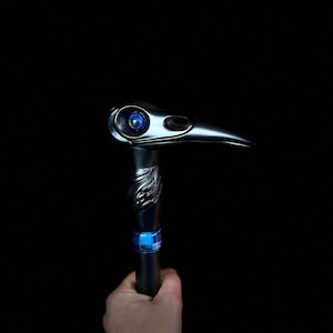 May include: A black walking stick with a bird's head design. The head has a blue eye and a long, curved beak. The stick has a blue and silver band around it.