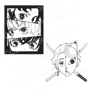 May include: Black and white line art illustration of a character from the anime Demon Slayer. The character has a mask covering part of their face and is holding two swords.
