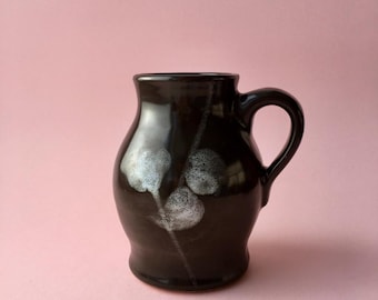 Vintage Black Ceramic Vase with Flower Decor