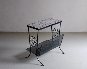 Mosaic Black Metal Side Table Magazine Holder | France | Vintage