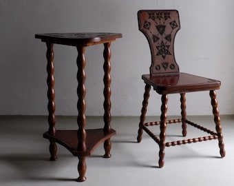 Carved Wood Bobbin Chair Table Set | Sweden | Vintage