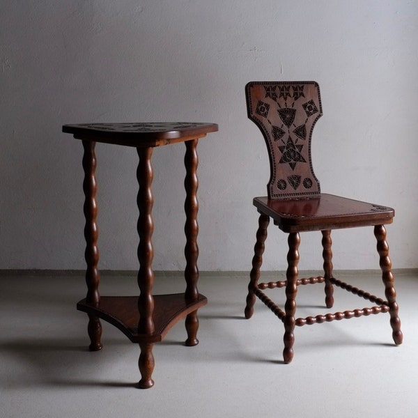 Carved Wood Bobbin Chair Table Set | Sweden | Vintage