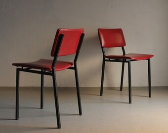 2 Black Metal Chairs | Gerrit Veenendaal for Kembo| Red Vinyl | Vintage