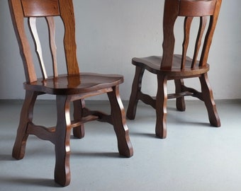 2 Brutalist Oak Dining Chairs | Belgium | Vintage