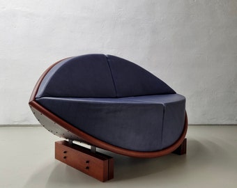 Källemo Blue Leather Sofa/"Keflavik" by Sigurdur Gustafsson/mahogany steel leather/2000s/Vintage