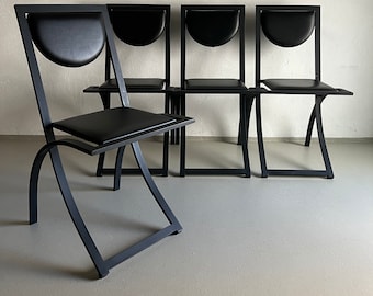 4 Postmodern Black Metal Chairs / Leather Seat / KFF Sinus / Vintage