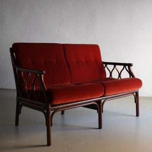 Dark Rattan Daybed | 2-Seater Bamboo Sofa | Red Velour | Vintage