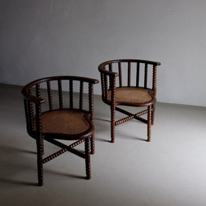 2 Bobbin Cane Seat Corner Chairs | Carved | Belgium | Vintage