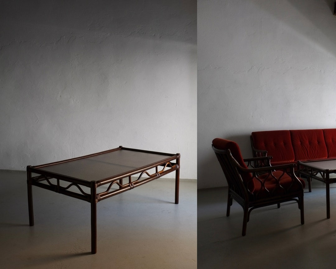 Dark Rattan Glass Coffee Table Vintage Etsy
