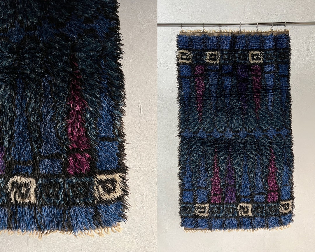 Scandinavian High Pile Rya Rug Blue Purple Wool Sweden - Etsy