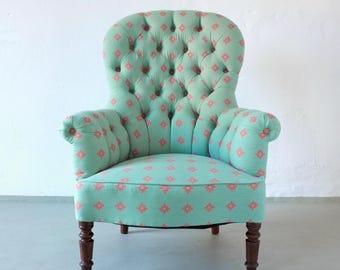 Vintage groene koraalrode fauteuil met knopen | België