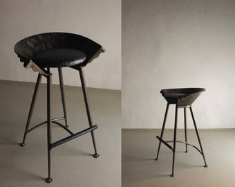 2 Brutalist Cast Metal Bar Stools Chairs | Steel | Gray Seat | Vintage