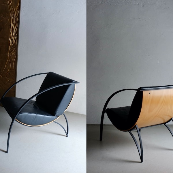 Postmodern Black Metal Plywood Lounge Chair / Vegan Leather / KFF Design / Vintage